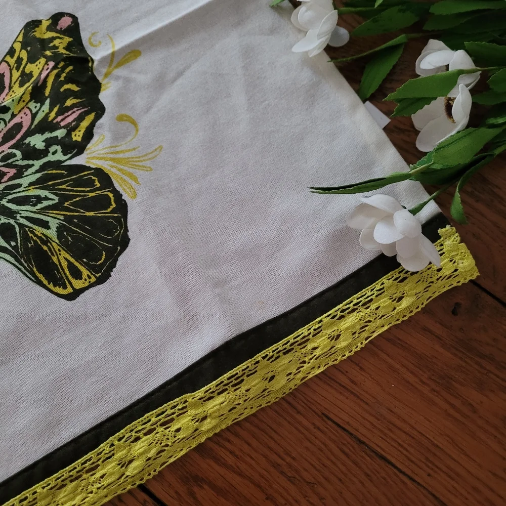 Set of 2 Botanical Butterfly Cotton Kitchen Towels w/ Crochet Trim NWT Orig $69
